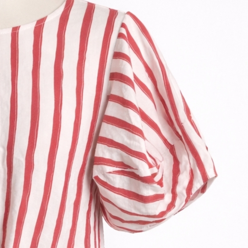 Bleuh Ciel Red & White Striped Tie-Front Blouse | Puff Sleeve | Size L - Picture 3 of 5
